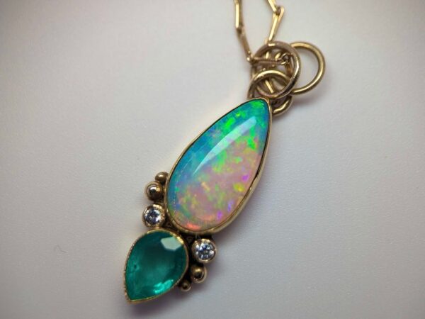 Australian Crystal Opal and Emerald Pendant